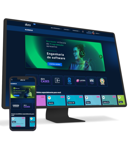 Um monitor e um celular com Alura plus aberta